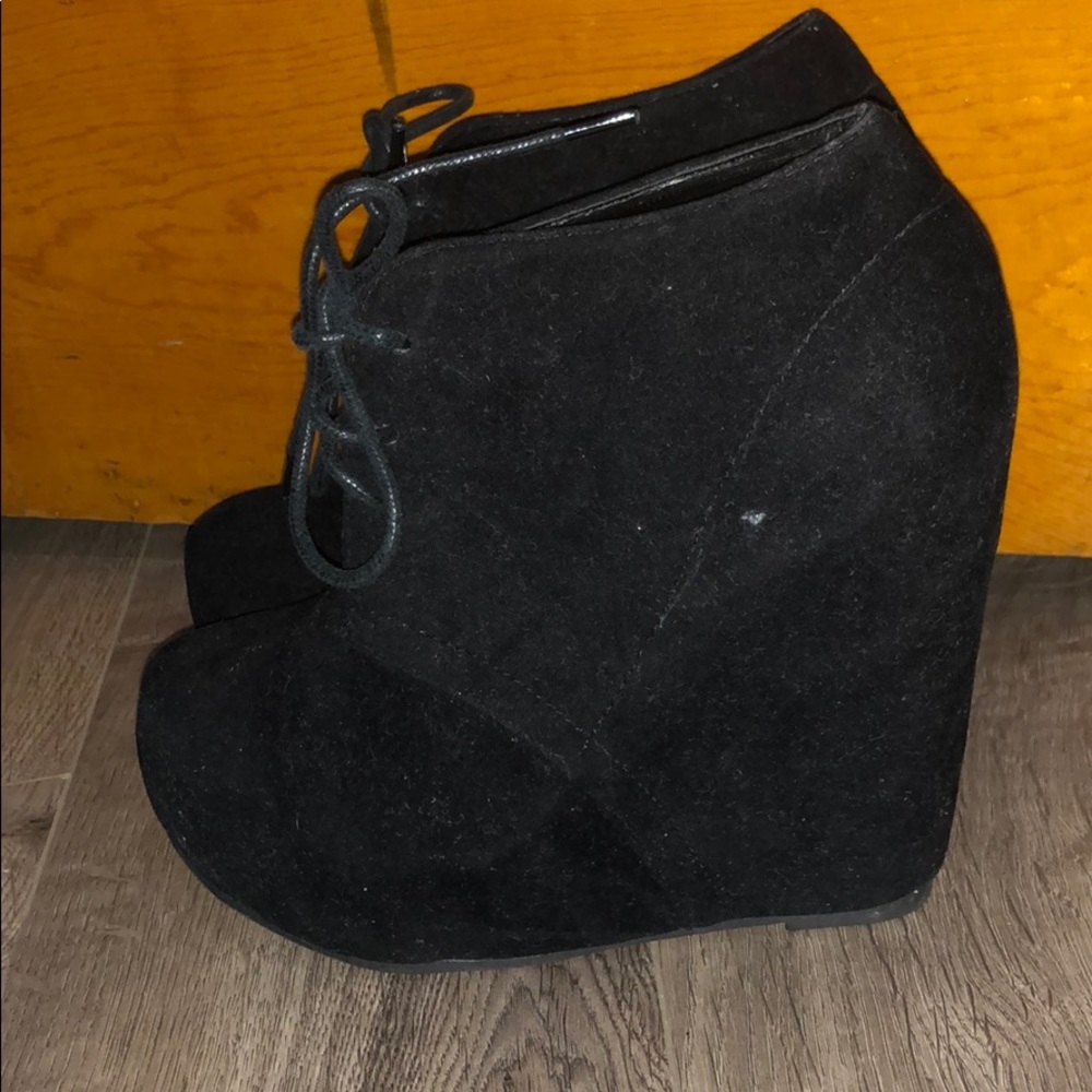 Black suede lace up wedge booties